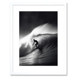 "Artery8 Wall Art Print Surfer Riding a Big Wave Black & White Photo Artwork Framed 9X7 Inch - Size: W7"" x H9""" - thumbnail 1