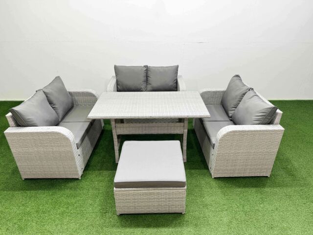 Fimous 7 Seater PE Wicker Rattan Furniture Sofa Sets with Rectangular Dining Table 2 Seater Love Sofa Big Footstool Light Grey - image 1