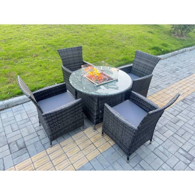 Fimous Rattan Garden Furniture with Big Round Gas Firepit Table & 6 Chairs in Dark Grey - image 1