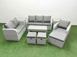 Fimous Patio PE Wicker 9 Seater Outdoor Rattan Furniture Sofa Sets w/ Oblong Coffee Table Reclining Chair Loveseat Sofa 3 Seater Sofa Stool 2 Side - thumbnail 1
