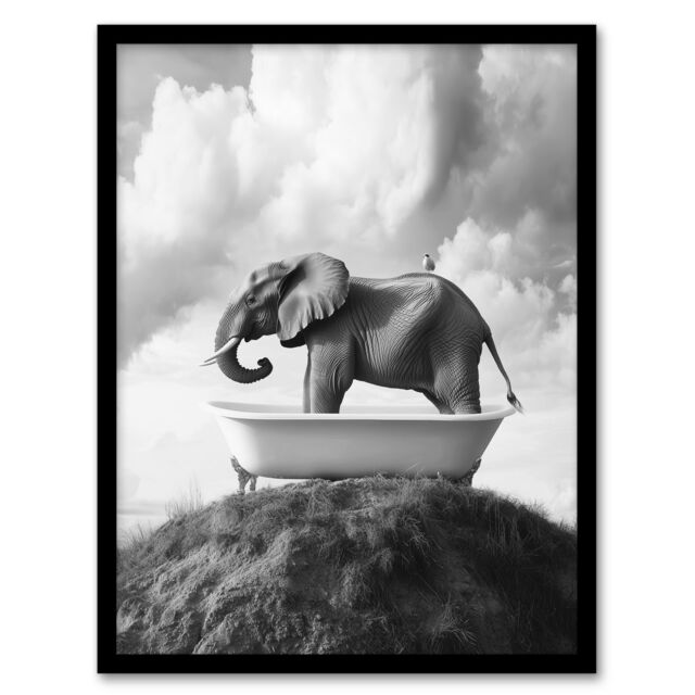 Artery8 Elephant in Bathtub on a Hill Black White Surreal Framed Art Print in Grey - Size: A4 - image 1
