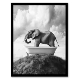 Artery8 Elephant in Bathtub on a Hill Black White Surreal Framed Art Print in Grey - Size: A4 - thumbnail 1