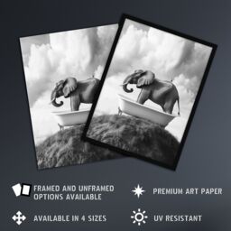 Artery8 Elephant in Bathtub on a Hill Black White Surreal Framed Art Print in Grey - Size: A4 - thumbnail 2