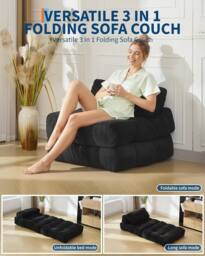 London Boutique 3-in-1 Convertible Sofa Bed Chair Folding Lounger Mattress w/Pillow in Black - thumbnail 6