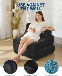 London Boutique 3-in-1 Convertible Sofa Bed Chair Folding Lounger Mattress w/Pillow in Black - thumbnail 4