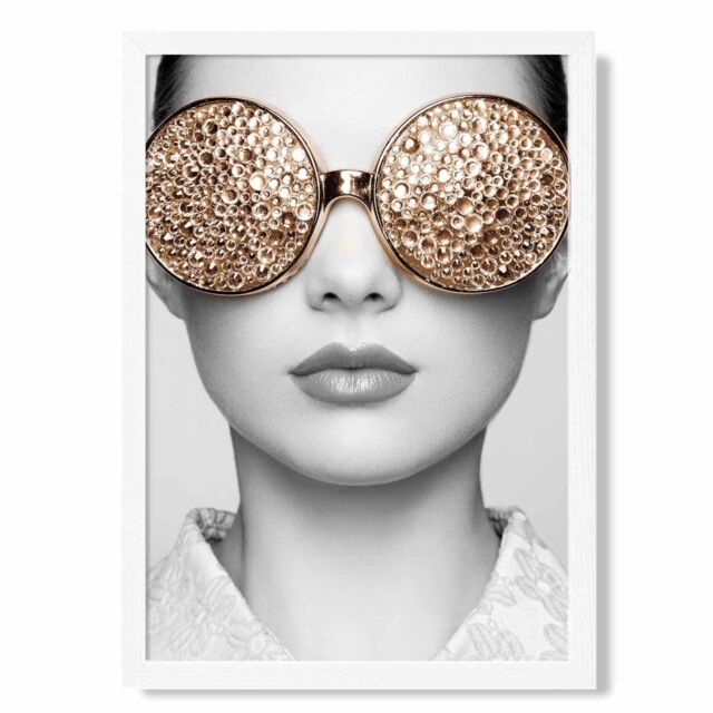 ARTZE Girl with Gold Bling Sunglasses Fashion Black & White Photo Framed Print SIZE: A3 with White Frame - Size: A2 - image 1