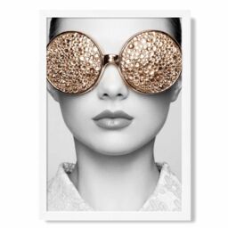 ARTZE Girl with Gold Bling Sunglasses Fashion Black & White Photo Framed Print SIZE: A3 with White Frame - Size: A2