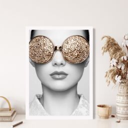 ARTZE Girl with Gold Bling Sunglasses Fashion Black & White Photo Framed Print SIZE: A3 with White Frame - Size: A2 - thumbnail 2