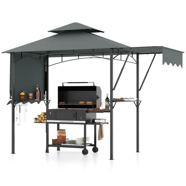 Costway 398 x 153 cm Grill Gazebo with Dual Side Awnings in Grey - image 1