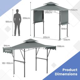 Costway 398 x 153 cm Grill Gazebo with Dual Side Awnings in Grey - thumbnail 2