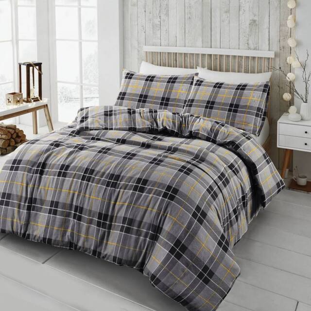 Homes-Linen 100% Brushed Cotton Tartan Flannelette Duvet Cover Set in Grey - Size: Single - image 1