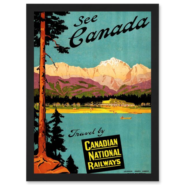 Artery8 Canada Rail Train Lake Mountain Scenic Tree Pine Advert A4 Artwork Framed Wall Art Print in Black - image 1