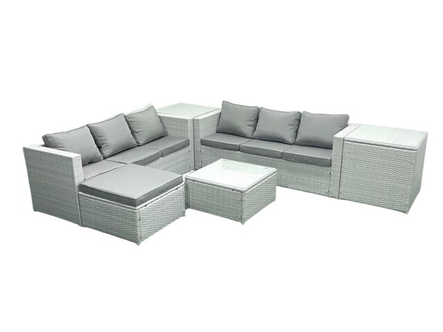 Fimous Rattan Garden Outdoor Furniture Set 7 Seater Rattan Garden Sofa Set with Big Footstool 2 Side Tables Light Grey Mixed - image 1
