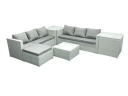 Fimous Rattan Garden Outdoor Furniture Set 7 Seater Rattan Garden Sofa Set with Big Footstool 2 Side Tables Light Grey Mixed - thumbnail 2