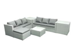 Fimous Rattan Garden Outdoor Furniture Set 7 Seater Rattan Garden Sofa Set with Big Footstool 2 Side Tables Light Grey Mixed - thumbnail 1