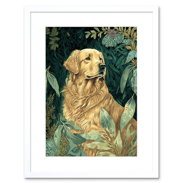 "Artery8 Wall Art Print Golden Retriever Dog in Nature Modern Watercolour Artwork Framed 9X7 Inch in White - Size: W7"" x H9""" - image 1
