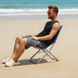 EONLION Adult Blue Folding Beach Chair Portable Metal Garden Patio - Size: 100 cm - thumbnail 3