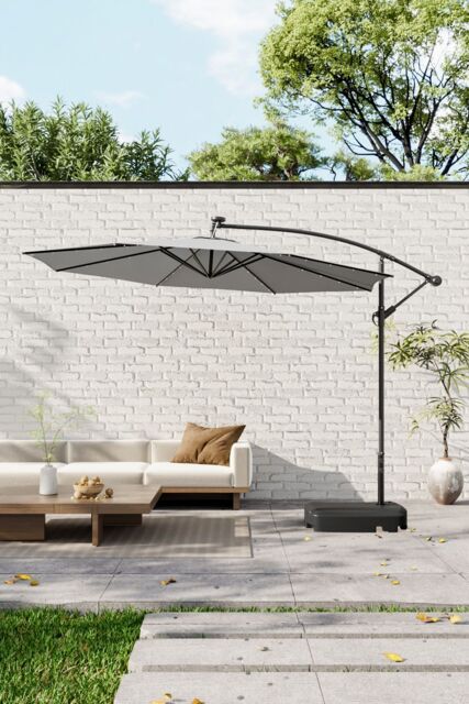 Garden Sanctuary Large 32 LED Lights Cantilever Garden Parasol with Plastic Base in Light Grey - image 1