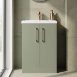 Balterley Bathroom Vanity Basin Unit, Brushed Bronze Handles, 600mm, Satin Green - thumbnail 4