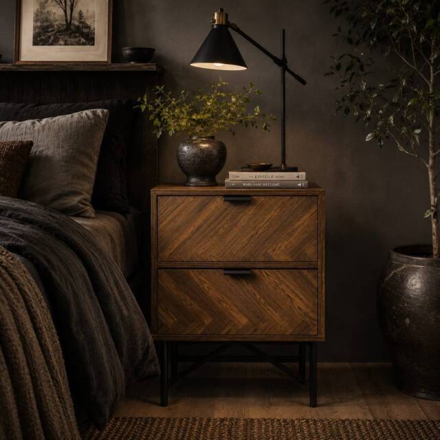 Wyld Haus Lipana Wood Walnut Brown 2 Drawer Bedside Table with Metal Handles - image 1