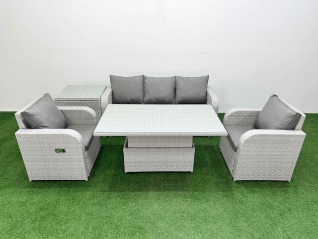 Fimous PE Rattan Garden Furniture Set Reclining Chair Sofa Lounge Sofa Set Adjustable Lifting Dining or Coffee Table Side Table Light Grey - image 1