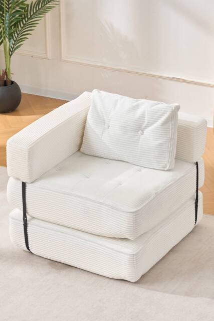 Living and Home Corduroy Folding Sofa Bed with Pillow in White - image 1