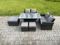 Fimous 7 Seater Wicker Rattan Garden Furniture Rising Table Set with 3 Footstool Double Seat Sofa Dark Grey Mixed - thumbnail 2