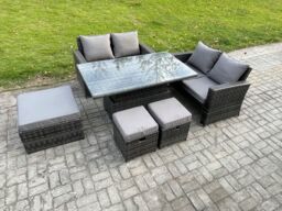 Fimous 7 Seater Wicker Rattan Garden Furniture Rising Table Set with 3 Footstool Double Seat Sofa Dark Grey Mixed - thumbnail 1