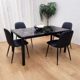 KOSY KOALA Marble Glass Dining Table with 4 Diamond Patterned Black Chairs Dining Set for 4 in Brown - thumbnail 3