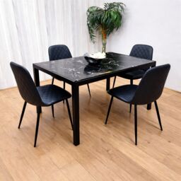 KOSY KOALA Marble Glass Dining Table with 4 Diamond Patterned Black Chairs Dining Set for 4 in Brown - thumbnail 1