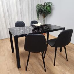 KOSY KOALA Marble Glass Dining Table with 4 Diamond Patterned Black Chairs Dining Set for 4 in Brown - thumbnail 4