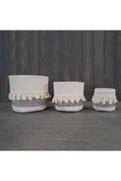 KDMD Large Cylinder White & Black Cotton Planter with Tassels - thumbnail 2