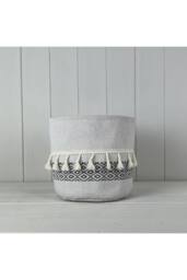 KDMD Large Cylinder White & Black Cotton Planter with Tassels - thumbnail 1