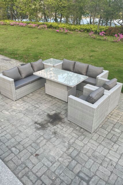 Fimous Rattan Garden Funiture Set Height Adjustable Rising Lifting Table Sofa Dining Set Lounge Sofa in Light Grey - image 1