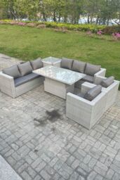 Fimous Rattan Garden Funiture Set Height Adjustable Rising Lifting Table Sofa Dining Set Lounge Sofa in Light Grey - thumbnail 1