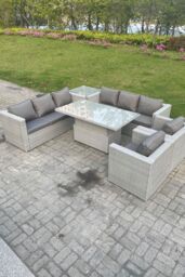 Fimous Rattan Garden Funiture Set Height Adjustable Rising Lifting Table Sofa Dining Set Lounge Sofa in Light Grey - thumbnail 2