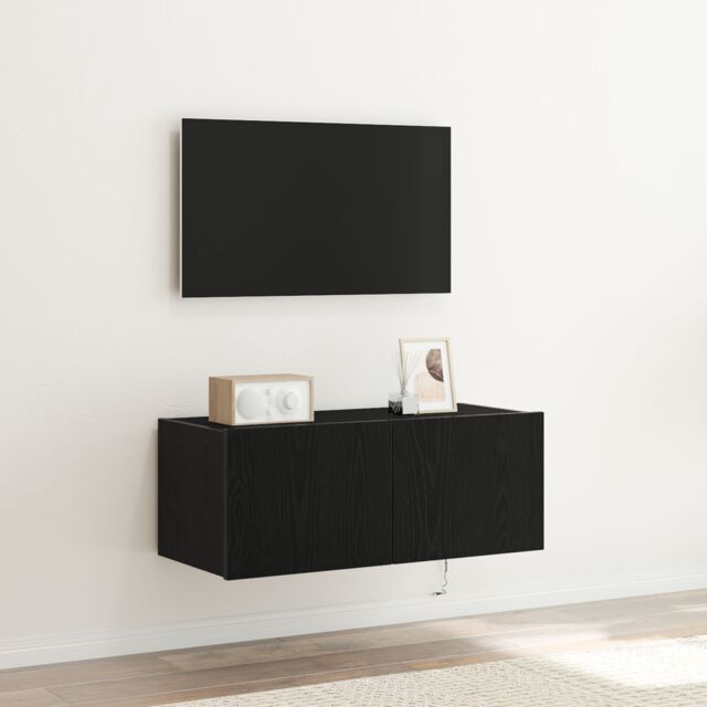 Berkfield Home TV Wall Cabinet with LED Lights Black Oak 80x35x31 cm - Size: 80 x 35 x 31 cm - image 1