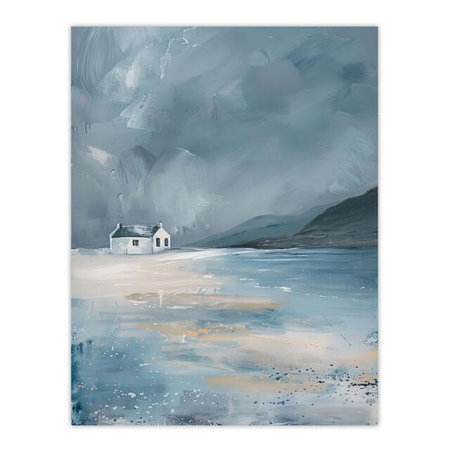 "Artery8 Classic Scottish Cottage on Coast Oil Painting Wall Art Print in Grey - Size: W12"" x H16""" - image 1