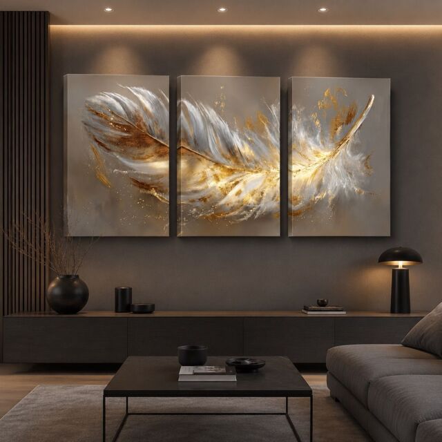 "Mafett 3 Luxury Gold Feather Triptych Canvas Wall Art Print - Size: W24"" x H32""" - image 1