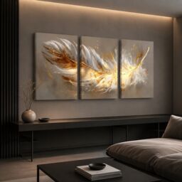 "Mafett 3 Luxury Gold Feather Triptych Canvas Wall Art Print - Size: W24"" x H32""" - thumbnail 5