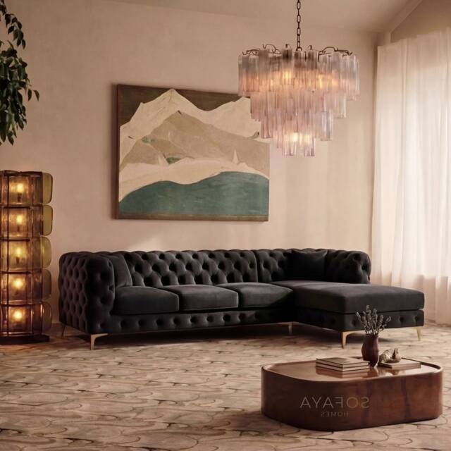 Sofaya Monaco Chesterfield 4 Seater Sofa Velvet Right Hand L Shaped Chaise in Black - Size: 4 Person - image 1
