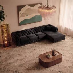 Sofaya Monaco Chesterfield 4 Seater Sofa Velvet Right Hand L Shaped Chaise in Black - Size: 4 Person - thumbnail 2