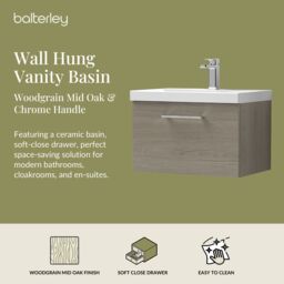Balterley Bathroom Wall Hung 2 Soft Close Drawer Vanity Unit, Satin Green, 610mm in Brown - thumbnail 2