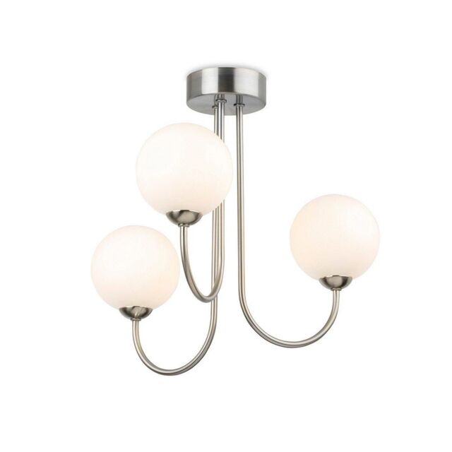 Netlighting Lyndon 3 Light Globe Flush Fitting Brushed Steel with Opal White Glass in Grey