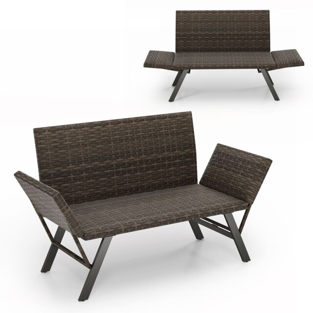 Costway Patio Convertible Sofa for 2 Quick Dry Foam Padded Rattan Loveseat in Grey - image 1