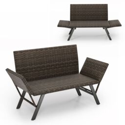 Costway Patio Convertible Sofa for 2 Quick Dry Foam Padded Rattan Loveseat in Grey - thumbnail 1
