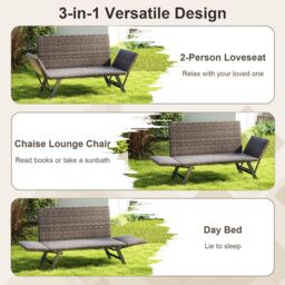 Costway Patio Convertible Sofa for 2 Quick Dry Foam Padded Rattan Loveseat in Grey - thumbnail 6