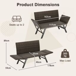 Costway Patio Convertible Sofa for 2 Quick Dry Foam Padded Rattan Loveseat in Grey - thumbnail 2