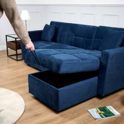 Bravich LTD Milo Corner Sofa Bed with Storage - Velvet Sofa Bed & Pull Out Bed in Blue - thumbnail 4
