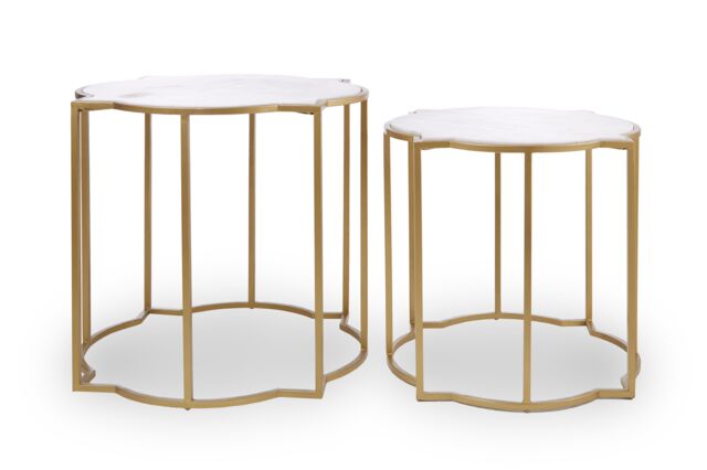 Orsina Set Of 2 Tables With Quatrefoil Top, Brass Finish Bedside Table, Sleek Gold Metallic Nesting Table in White - image 1